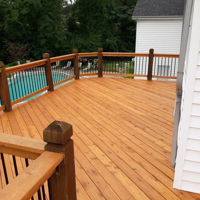 Cedar deck overlooking a pool