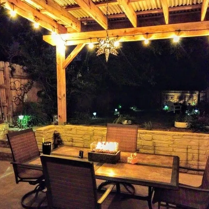 Covered patio with pergola and string lights